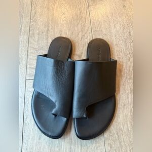 Vince Black Leather Toe-Loop Slide Sandals